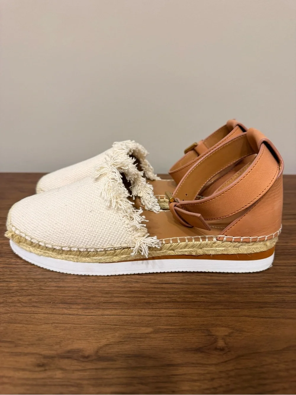 See By Chloé Cream Woven Fringe Espadrille Sandals with Tan Ankle Straps